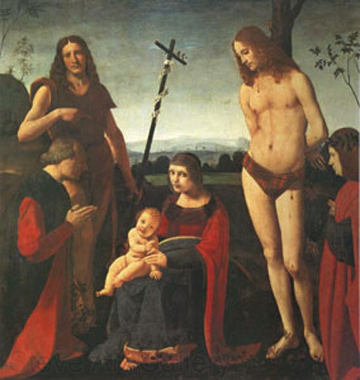 BOLTRAFFIO, Giovanni Antonio The Virgin and Child with Saints John the Baptist and Sebastian Between Two Donors (mk05) Norge oil painting art